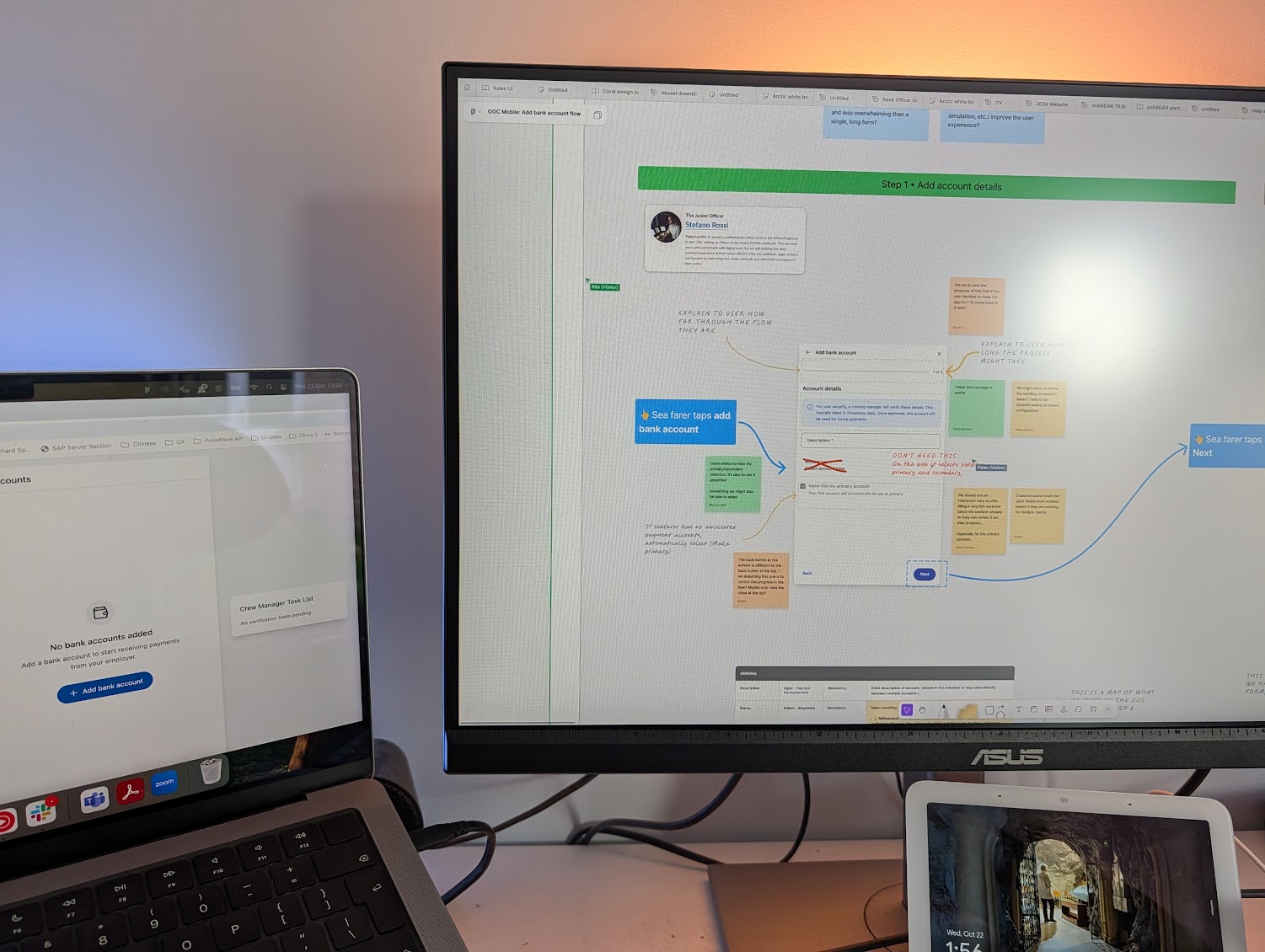 A screenshot of the FigJam board used for the silent critique[cite: 569]. [cite_start]On the left is the prototype under review; on the right is the structured board where designers, engineers, and PMs added written feedback, creating a "calm, structured conversation